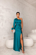 Women’s One-Shoulder Satin Evening Gown with Thigh Slit and Floor-Length Design 3