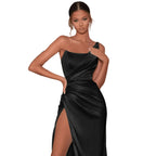 Women’s One-Shoulder Satin Maxi Dress with High Slit for Formal Occasions 1