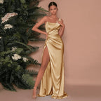 Women’s One-Shoulder Satin Maxi Dress with High Slit for Formal Occasions 2