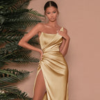 Women’s One-Shoulder Satin Maxi Dress with High Slit for Formal Occasions 3