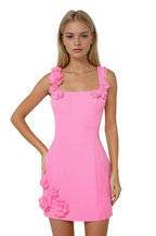 Women’s Pink Mini Dress with Floral Appliqués and Structured Bodice 0