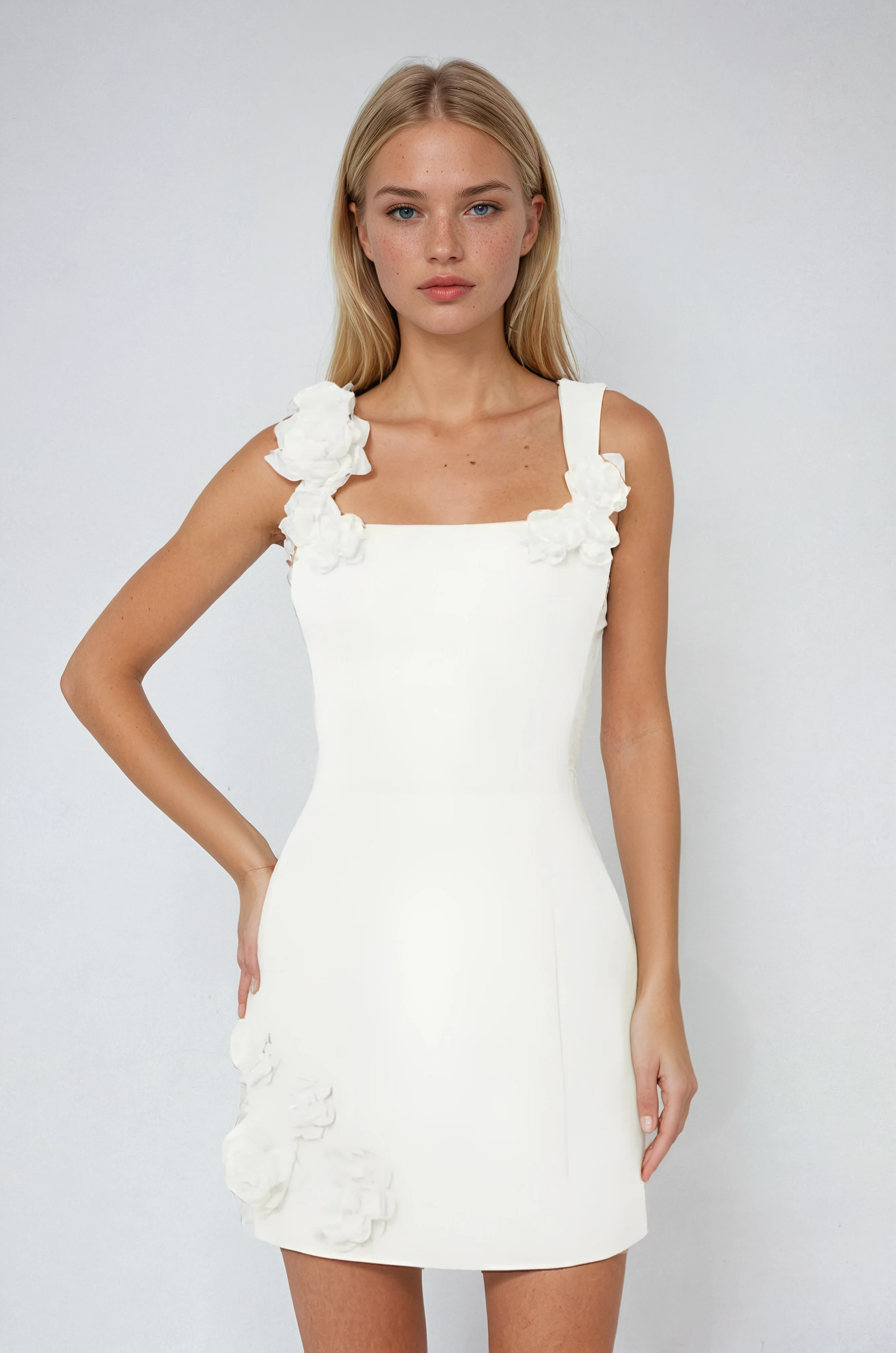 Women’s Pink Mini Dress with Floral Appliqués and Structured Bodice 2