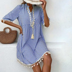 Women’s Printed Mini Dress with Short Sleeves and Fringe Accents 0