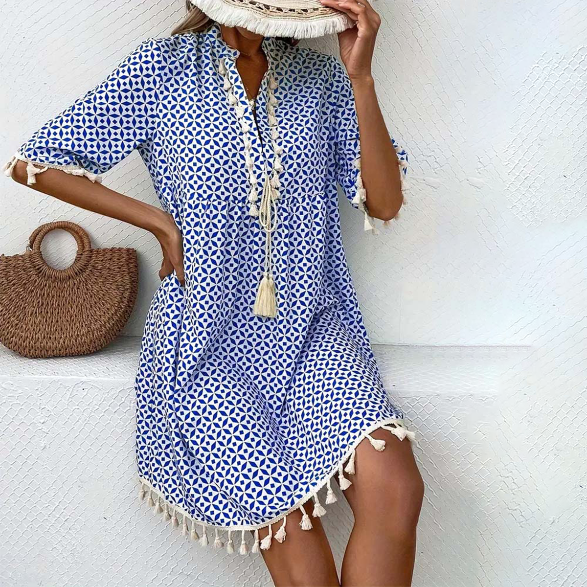 Women’s Printed Mini Dress with Short Sleeves and Fringe Accents 0