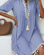 Women’s Printed Mini Dress with Short Sleeves and Fringe Accents 1