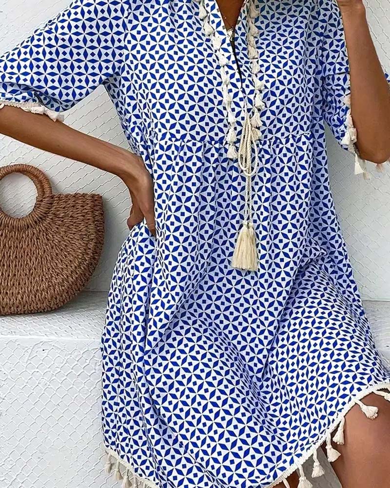 Women’s Printed Mini Dress with Short Sleeves and Fringe Accents 1