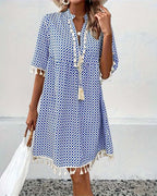 Women’s Printed Mini Dress with Short Sleeves and Fringe Accents 2