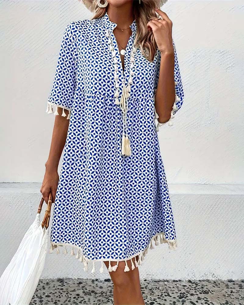 Women’s Printed Mini Dress with Short Sleeves and Fringe Accents 2
