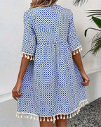 Women’s Printed Mini Dress with Short Sleeves and Fringe Accents 3