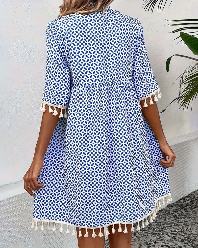 Women’s Printed Mini Dress with Short Sleeves and Fringe Accents 3