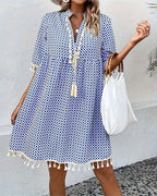 Women’s Printed Mini Dress with Short Sleeves and Fringe Accents 4