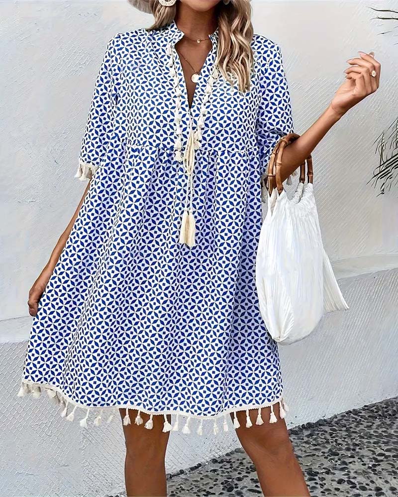 Women’s Printed Mini Dress with Short Sleeves and Fringe Accents 4