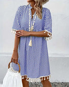 Women’s Printed Mini Dress with Short Sleeves and Fringe Accents 5