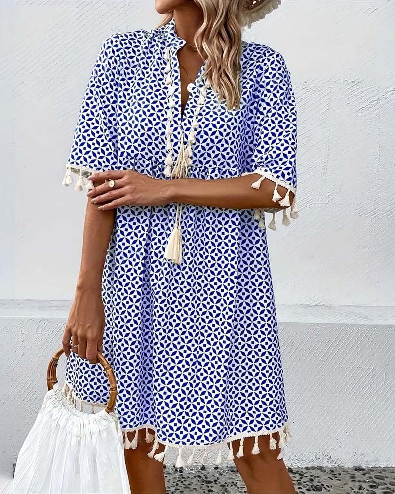 Women’s Printed Mini Dress with Short Sleeves and Fringe Accents 5