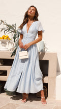 Women’s Puff Sleeve Gingham Dress with V-Neck and Button Front Closure 0