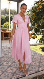 Women’s Puff Sleeve Gingham Dress with V-Neck and Button Front Closure 1