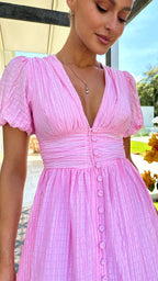 Women’s Puff Sleeve Gingham Dress with V-Neck and Button Front Closure 5