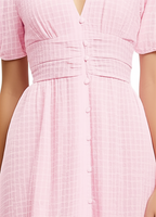 Women’s Puff Sleeve Gingham Dress with V-Neck and Button Front Closure 7