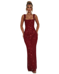 Women’s Red Evening Gown with Square Neckline and Sequin Detail 0