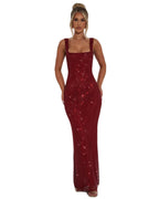 Women’s Red Evening Gown with Square Neckline and Sequin Detail 0