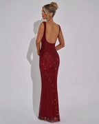 Women’s Red Evening Gown with Square Neckline and Sequin Detail 1