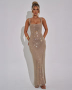 Women’s Red Evening Gown with Square Neckline and Sequin Detail 10