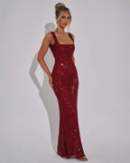 Women’s Red Evening Gown with Square Neckline and Sequin Detail 3