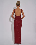 Women’s Red Evening Gown with Square Neckline and Sequin Detail 4