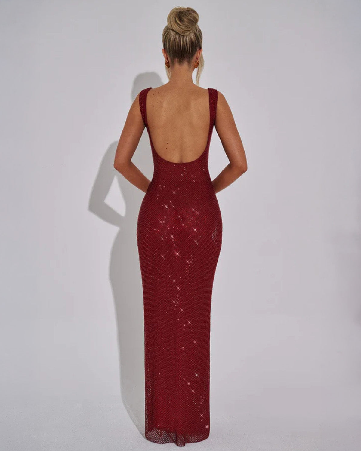 Women’s Red Evening Gown with Square Neckline and Sequin Detail 4