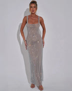 Women’s Red Evening Gown with Square Neckline and Sequin Detail 5
