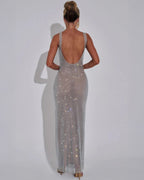 Women’s Red Evening Gown with Square Neckline and Sequin Detail 6