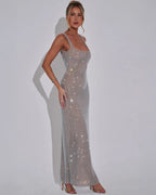 Women’s Red Evening Gown with Square Neckline and Sequin Detail 7