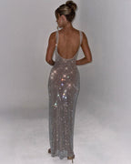 Women’s Red Evening Gown with Square Neckline and Sequin Detail 8