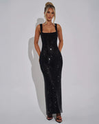 Women’s Red Evening Gown with Square Neckline and Sequin Detail 9