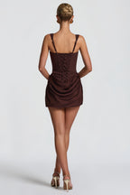 Women’s Ruched Bodycon Mini Dress with Square Neckline and Draped Skirt 1