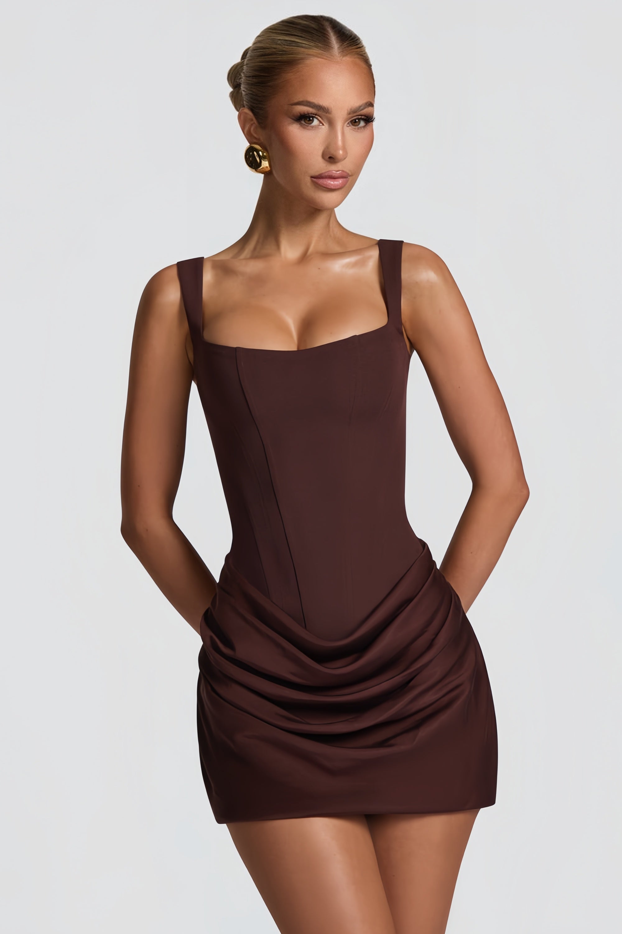 Women’s Ruched Bodycon Mini Dress with Square Neckline and Draped Skirt 3
