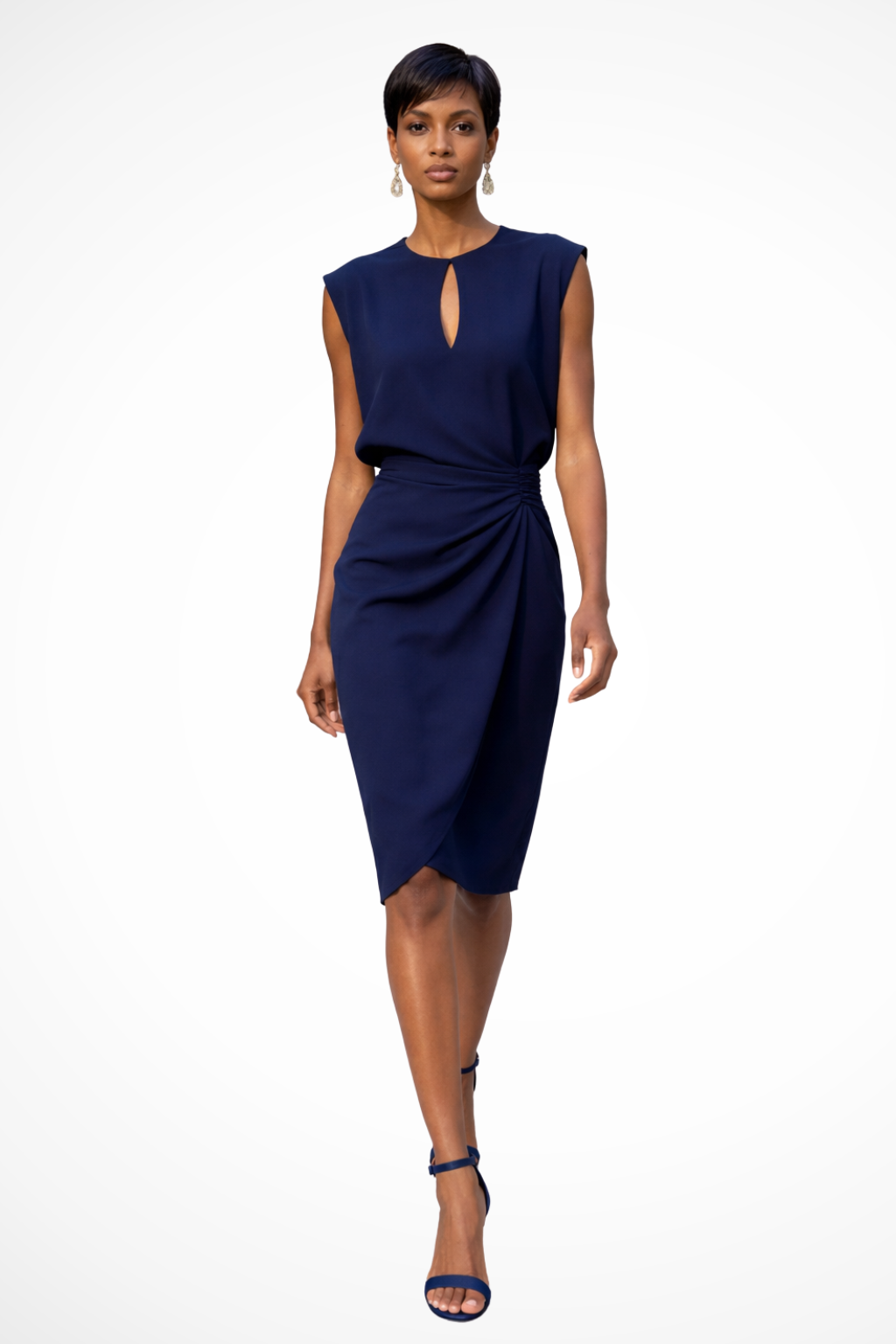 Women’s Ruched Wrap Midi Dress with Cap Sleeves and Keyhole Neckline 1