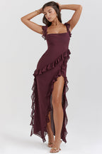 Women’s Ruffle Maxi Dress with Thigh Split and Flowing Design 1