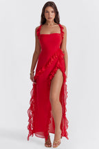Women’s Ruffle Maxi Dress with Thigh Split and Flowing Design 10