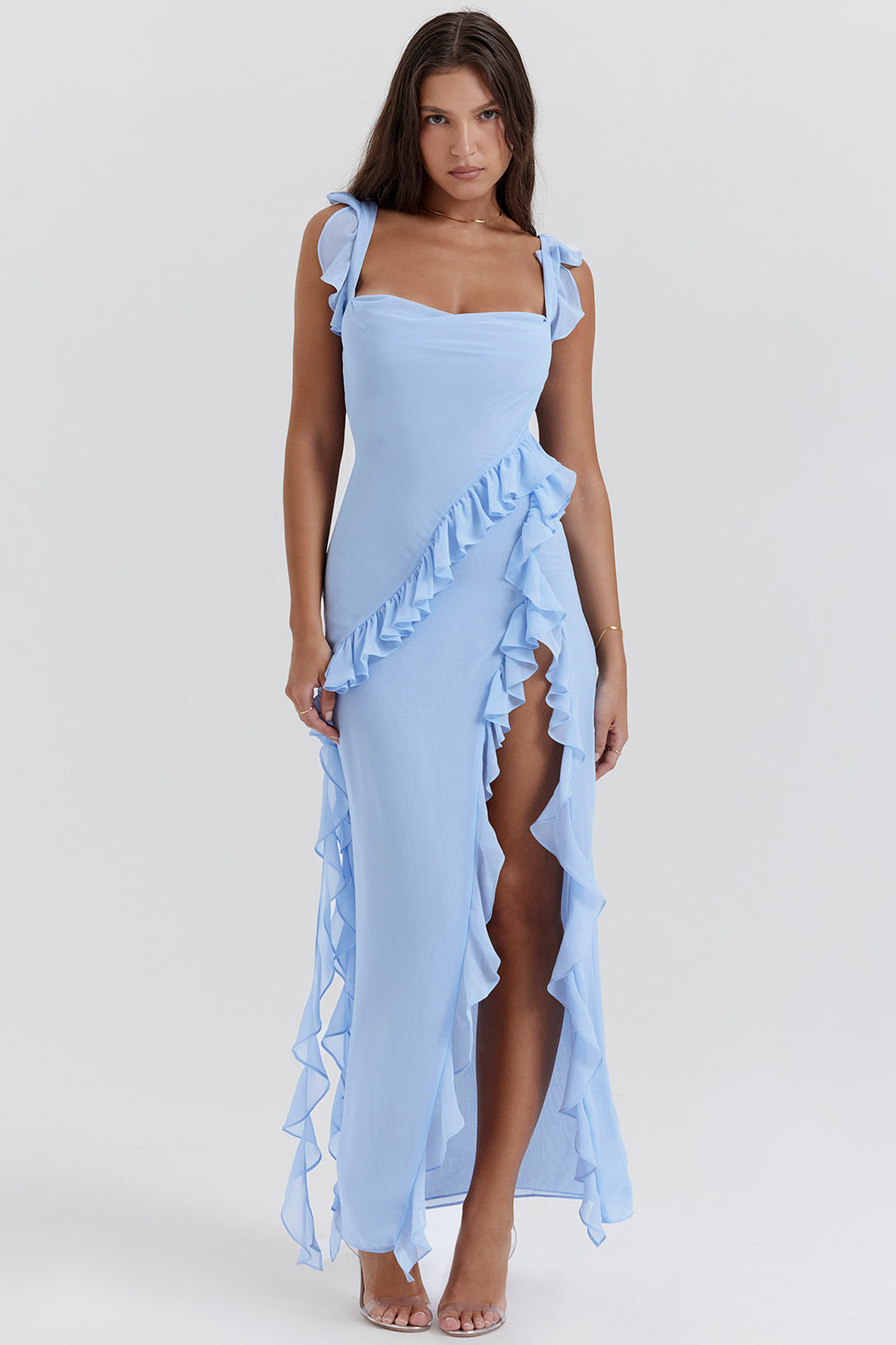 Women’s Ruffle Maxi Dress with Thigh Split and Flowing Design 8