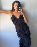 Women’s Ruffle Spaghetti Strap Maxi Dress in Red 0