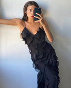 Women’s Ruffle Spaghetti Strap Maxi Dress in Red 0
