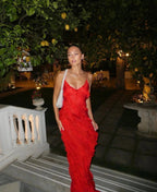 Women’s Ruffle Spaghetti Strap Maxi Dress in Red 8