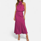 Women’s Satin Sleeveless Maxi Dress with Elongated Hemline 10