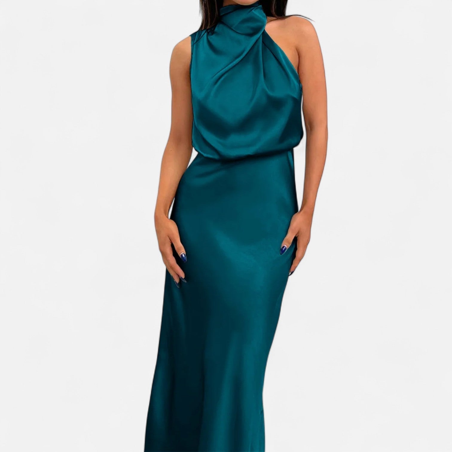 Women’s Satin Sleeveless Maxi Dress with Elongated Hemline 11