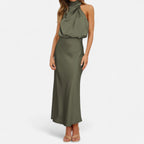Women’s Satin Sleeveless Maxi Dress with Elongated Hemline 13