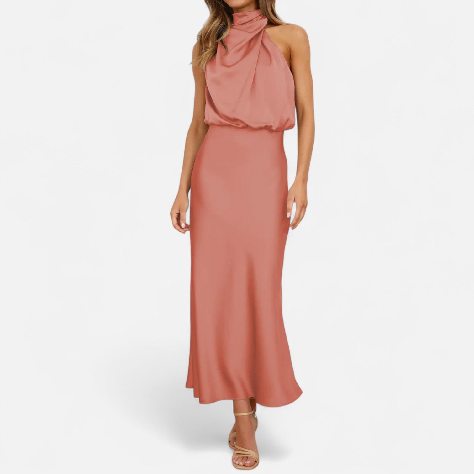 Women’s Satin Sleeveless Maxi Dress with Elongated Hemline 14