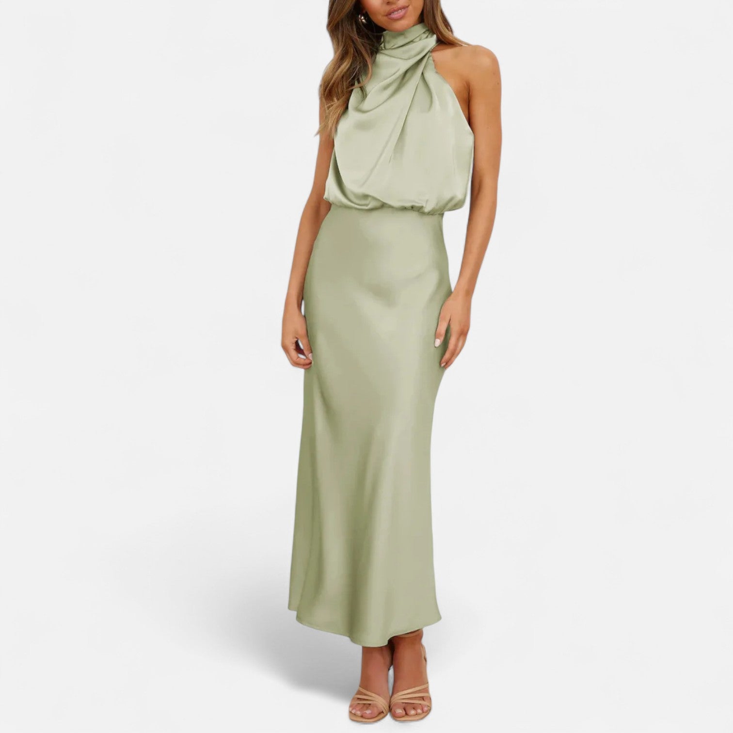 Women’s Satin Sleeveless Maxi Dress with Elongated Hemline 15