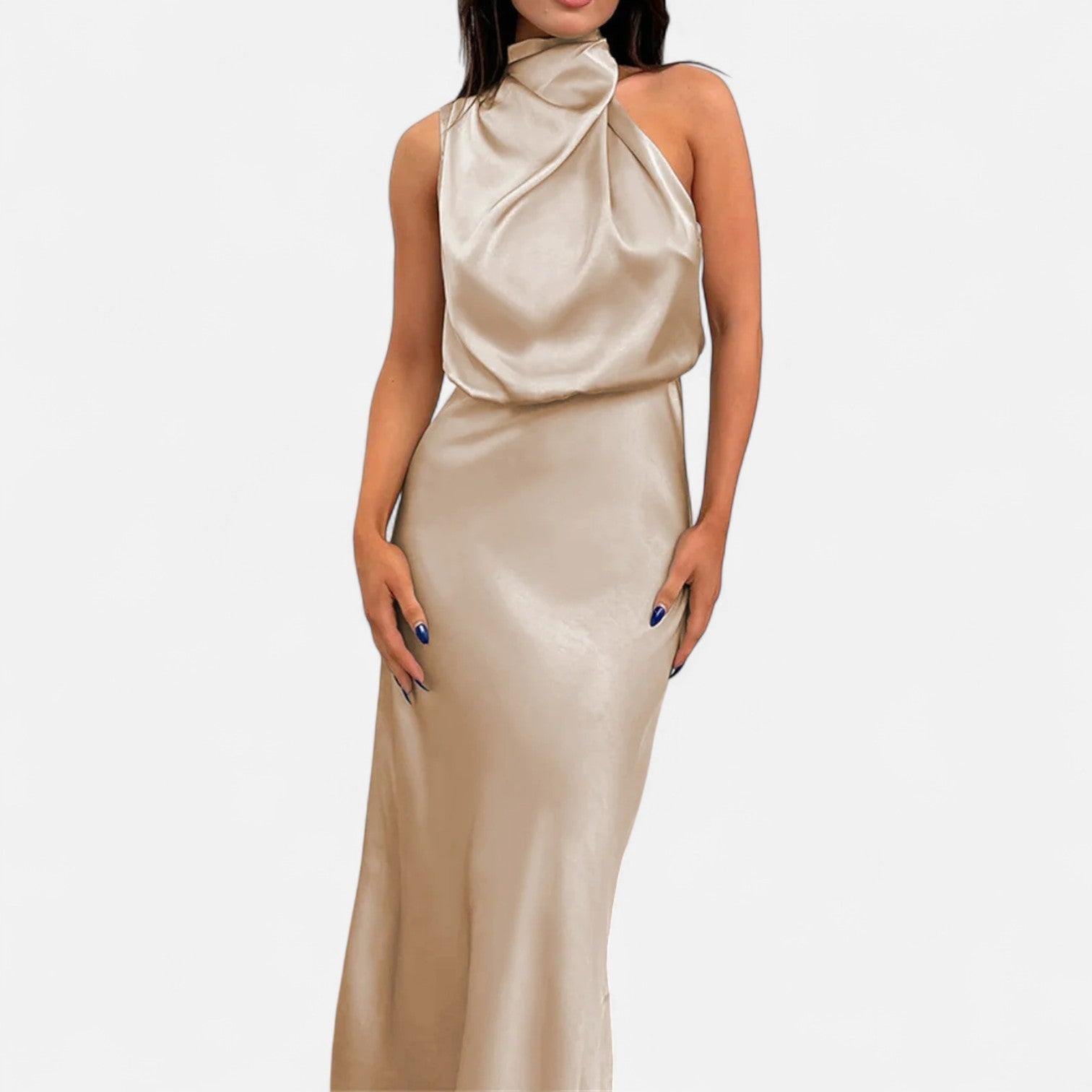 Women’s Satin Sleeveless Maxi Dress with Elongated Hemline 3