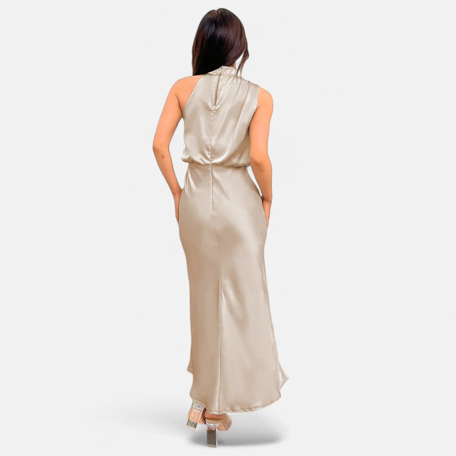 Women’s Satin Sleeveless Maxi Dress with Elongated Hemline 4